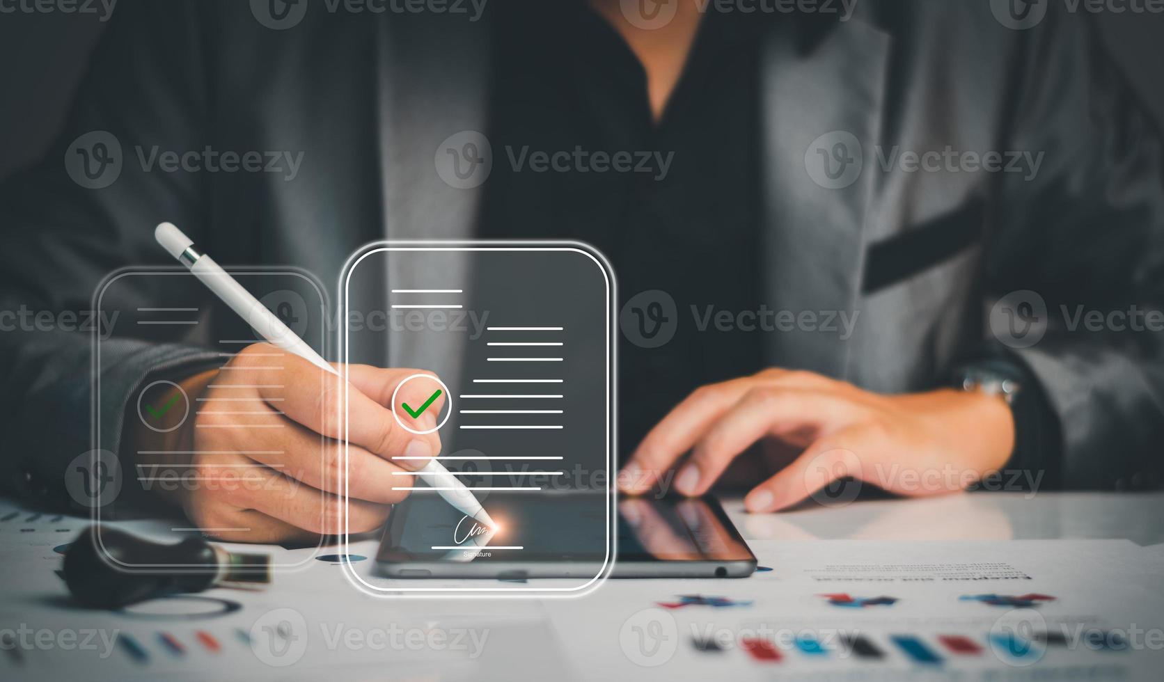 Electronic signature business concept. Manager is electronic signing investment approval, business approved, executing plan, project approved. digital signature. electronic documents, digital business photo