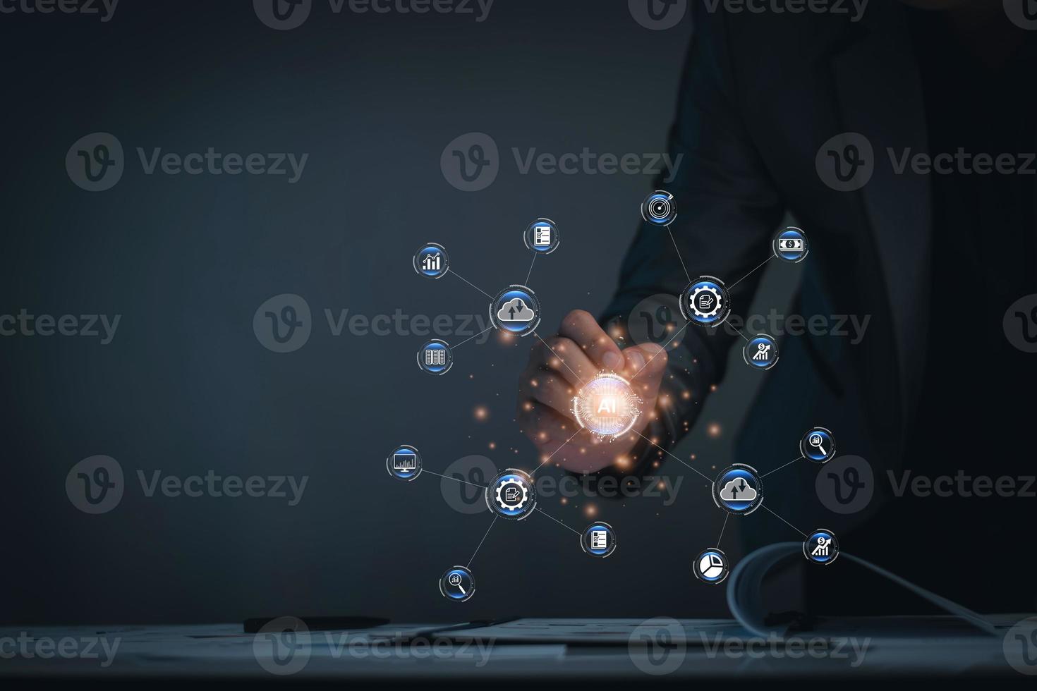 Digital transformation technology strategy. IoT, internet of things. Cloud computing. Future data transfer. Technology hologram visual screen. business strategy on Internet network. AI planning. photo