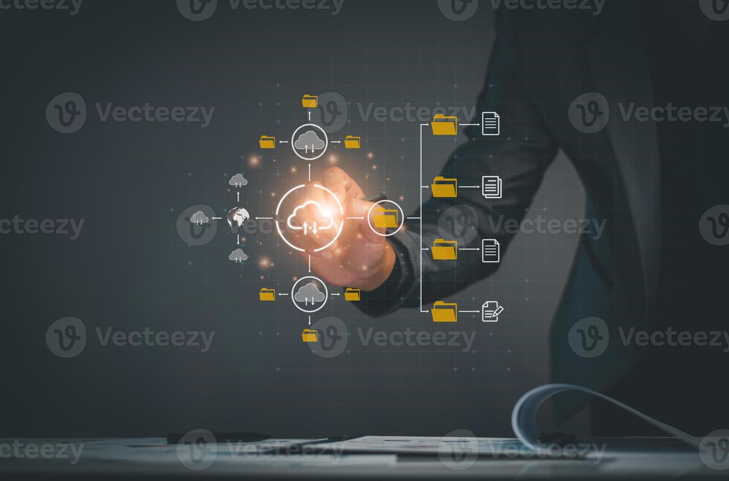 Digital file management concept. Businessman are accessing big data storage on Internet, Digital Storage, Cyber Security, Global Data Links, Digital Business, Files data, Internet of things. photo
