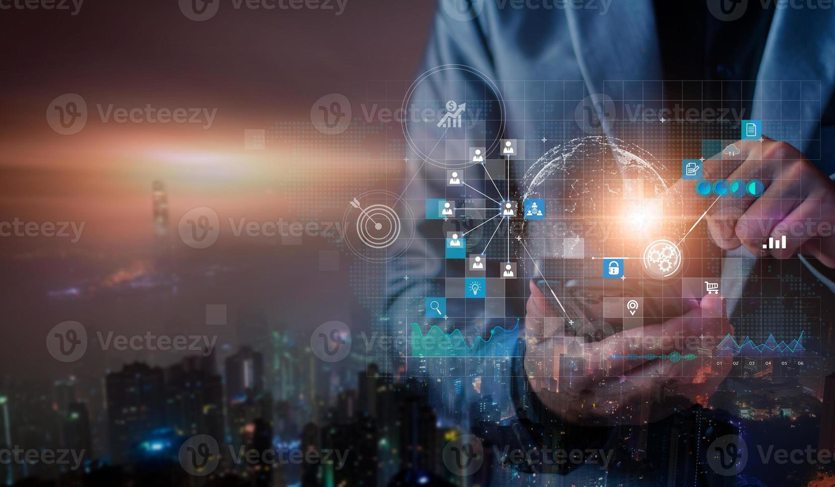 Businessman using mobile smartphone on global network connection on investor and customer with sale data exchange and development of business. Technology and digital marketing. Financial and banking. photo