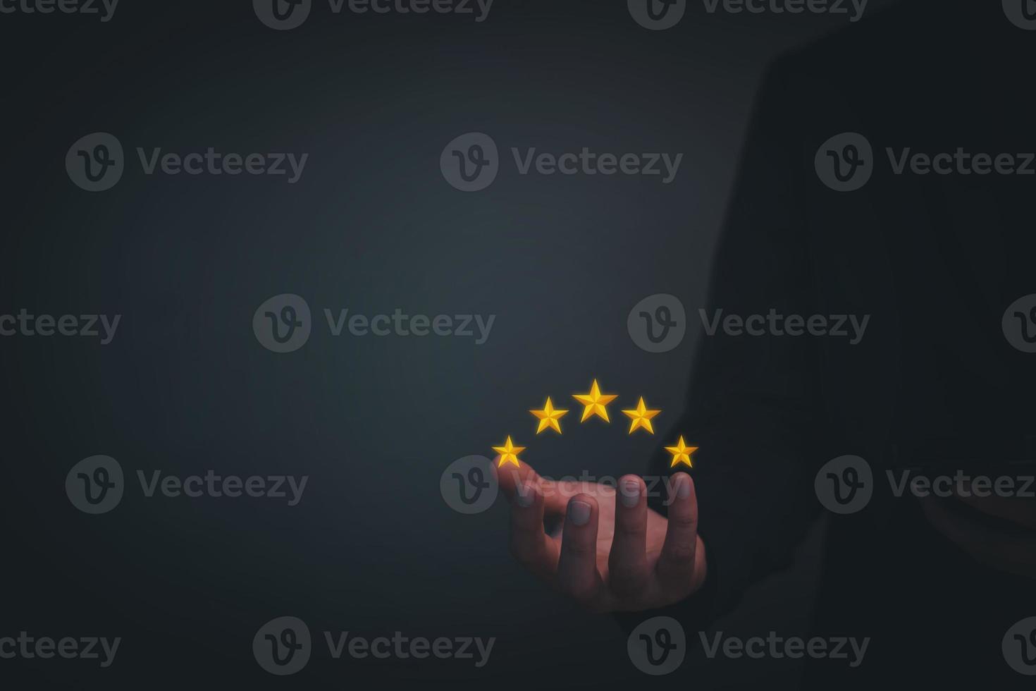 The concept of providing a five-star premium service. businessman showing award High standards are guaranteed, service quality, business success, work efficiency, top quality assurance 5 stars. photo