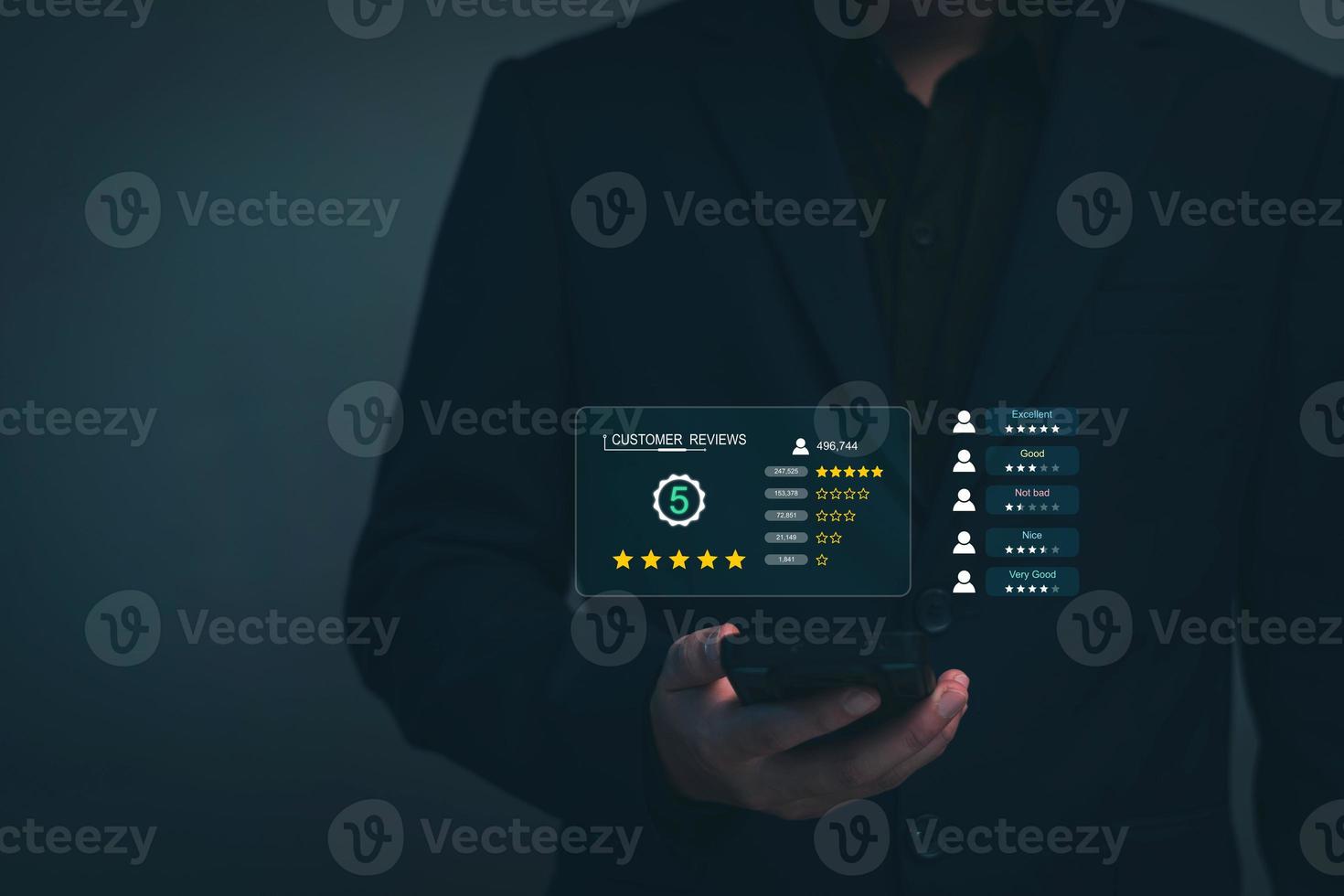 Customer satisfaction. Business Owners View Customer Satisfaction Review Score, Mobile Phone, Happy Customer, Rating High Review, Five Star, Product and Service Review Premium, High Satisfaction Score photo