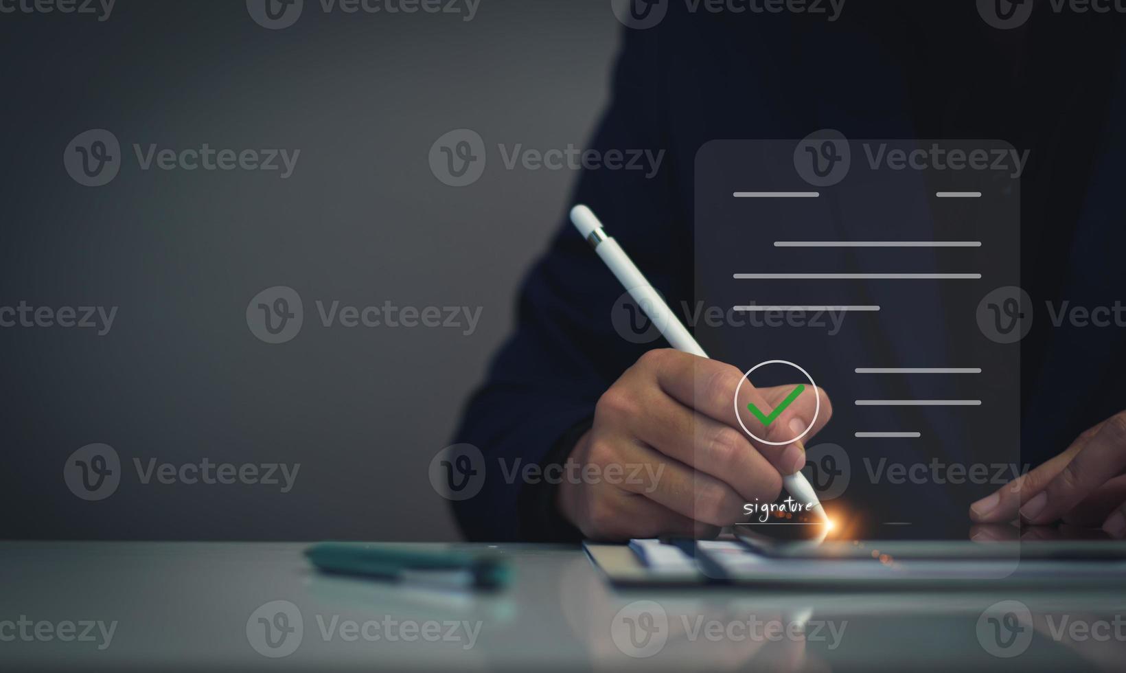 Electronic signature business concept. Manager is electronic sign an agreement, business investment approved, executing plan, project approved. digital signature. electronic document, digital business photo