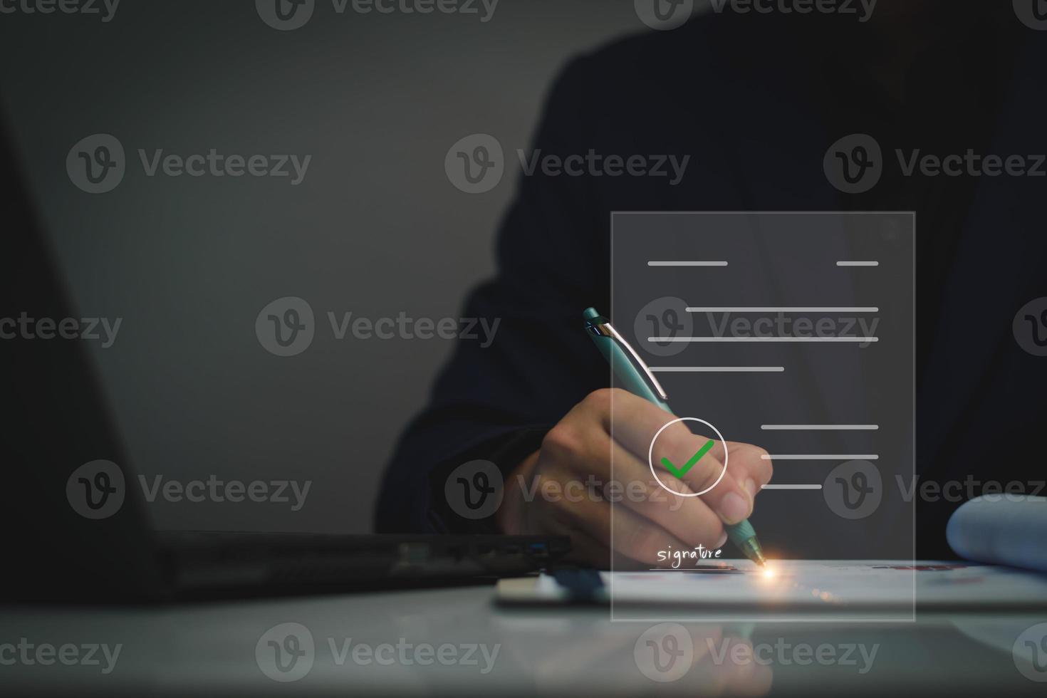 Electronic signature business concept. Manager is electronic sign an agreement, business investment approved, executing plan, project approved. digital signature. electronic document, digital business photo