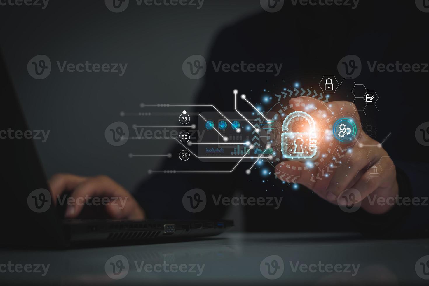 Cyber security concept. Businessman login access business sensitive information, data security, secure company internet network, hack protection, fingerprint scanner, cyber space, business security photo