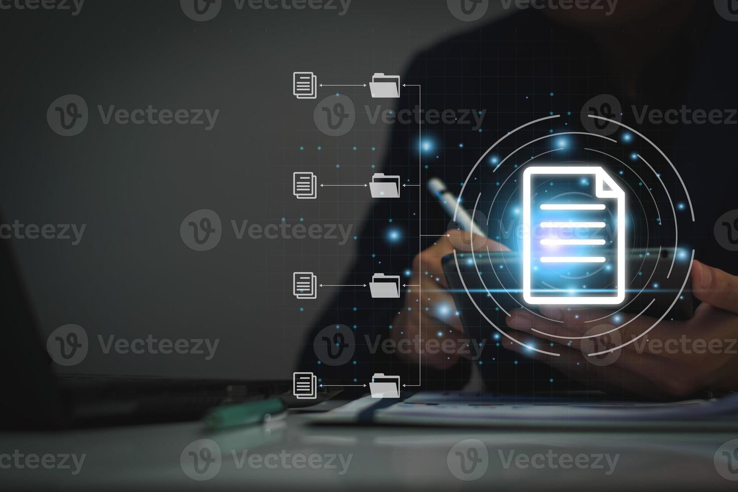 Document management system concept, business man using tablet search folder and document icon software, searching and managing files online document database, for efficient archiving and company data. photo