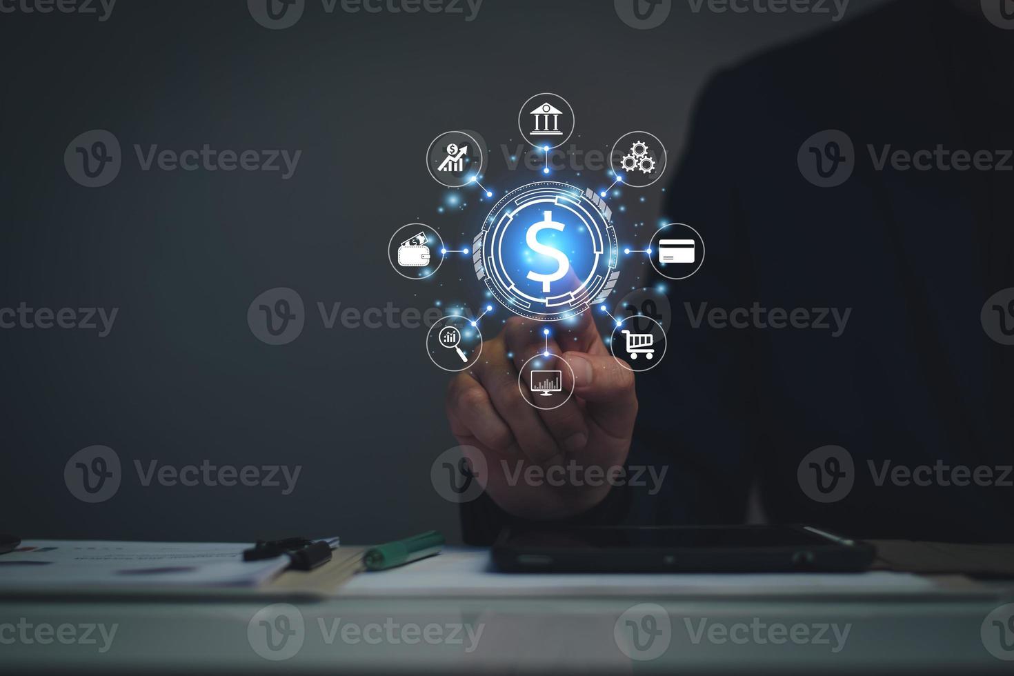 Businessman use digital money for business investment, online digital investment, planning trading and long-term investments, financial planning to increase profits, saving money. with copy space. photo