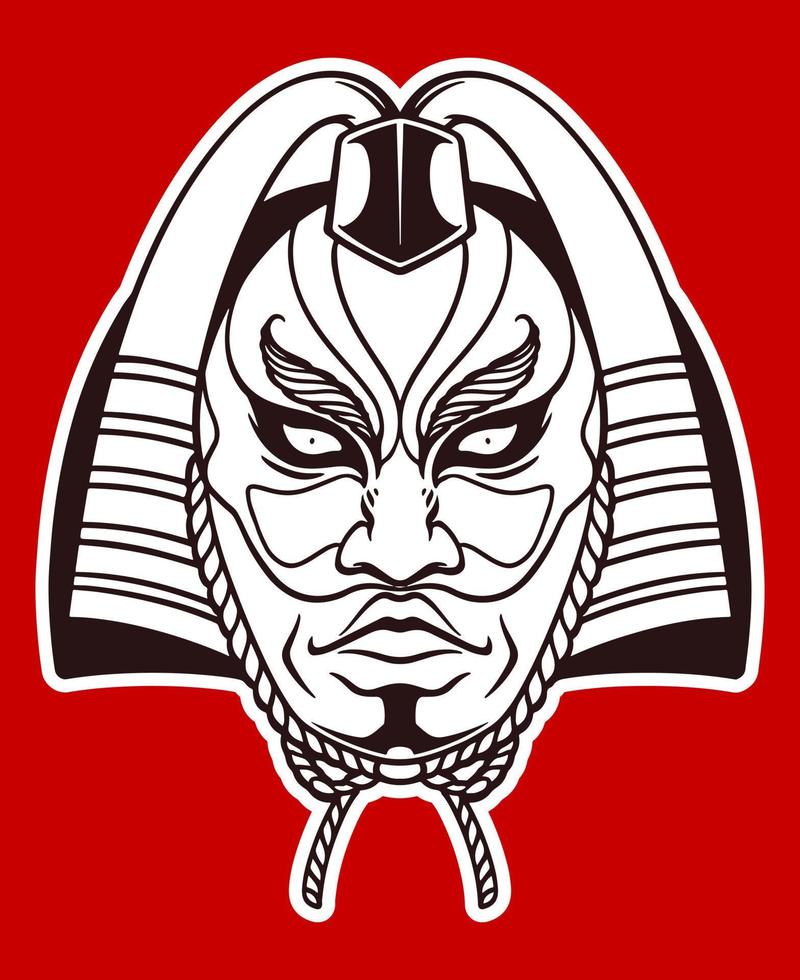 Hand drawn white japanese traditional mask isolated on red background. vector