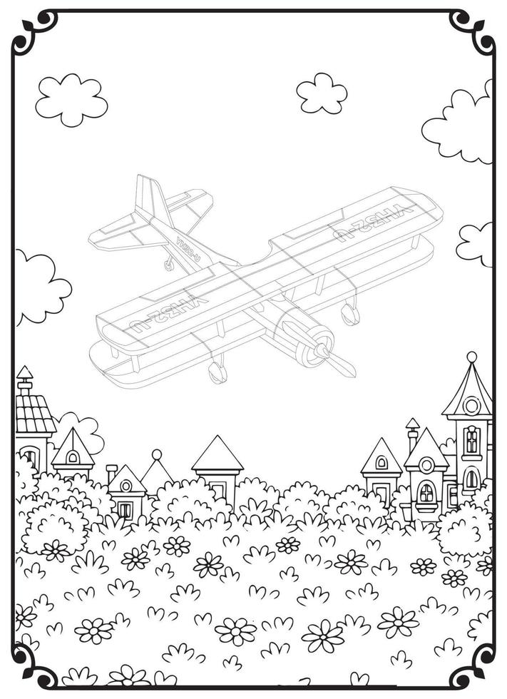Airplane And City Coloring Page For Adult vector