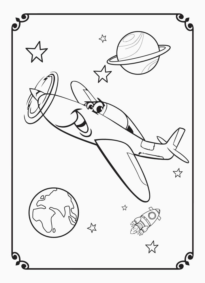 Cute Funny And Happy Airplane With Space And Galaxy Coloring Page For Kids vector