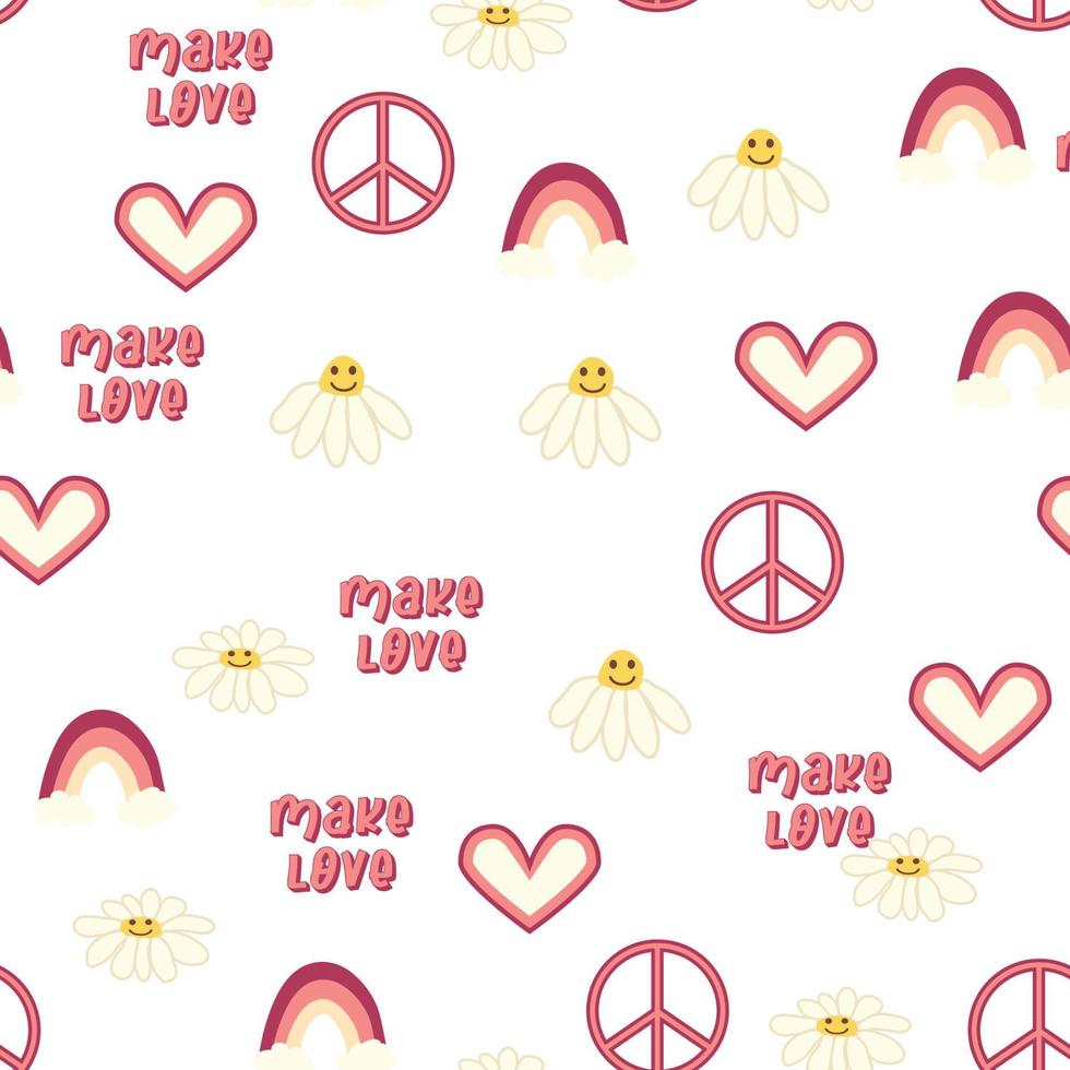 Love heart, peace symbol, rainbow retro 70s seamless pattern. Scattered heart shapes on a swirling background. vector