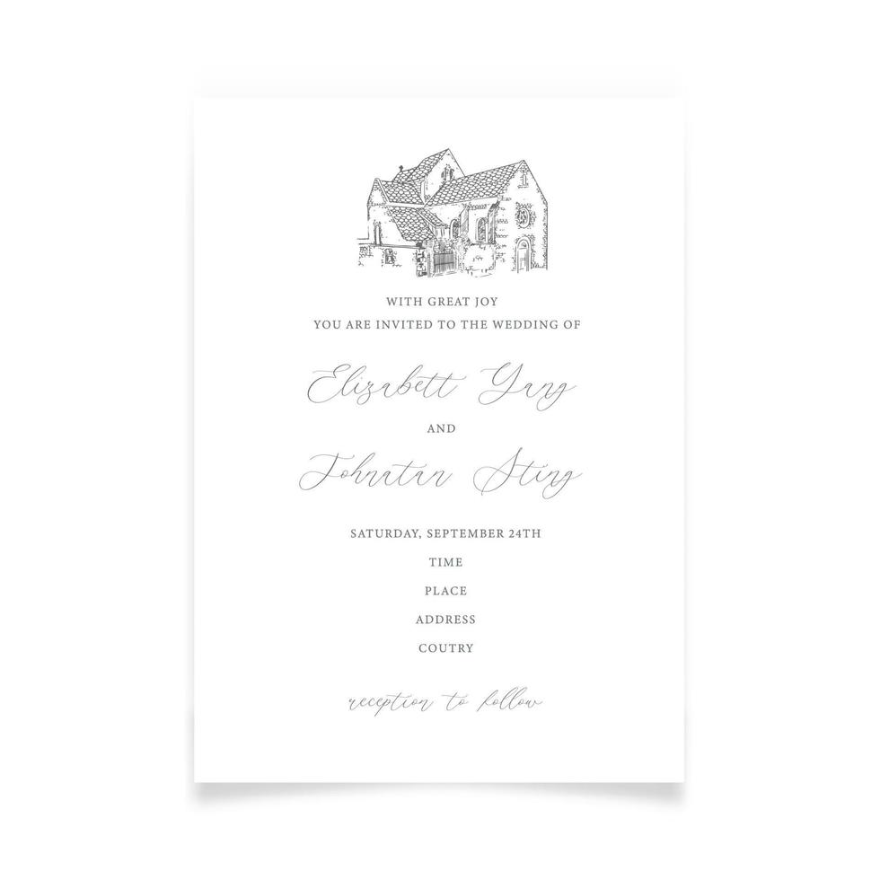 Wedding invitation with sketch house in minimalism style. vector