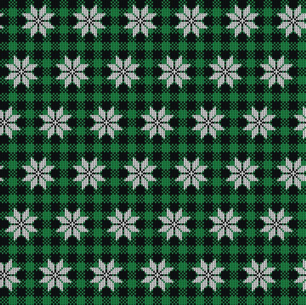 Ugly sweater at Buffalo Plaid Merry Christmas and Happy New Year greeting card frame border . illustration knitted background seamless pattern with folk style scandinavian ornaments. vector