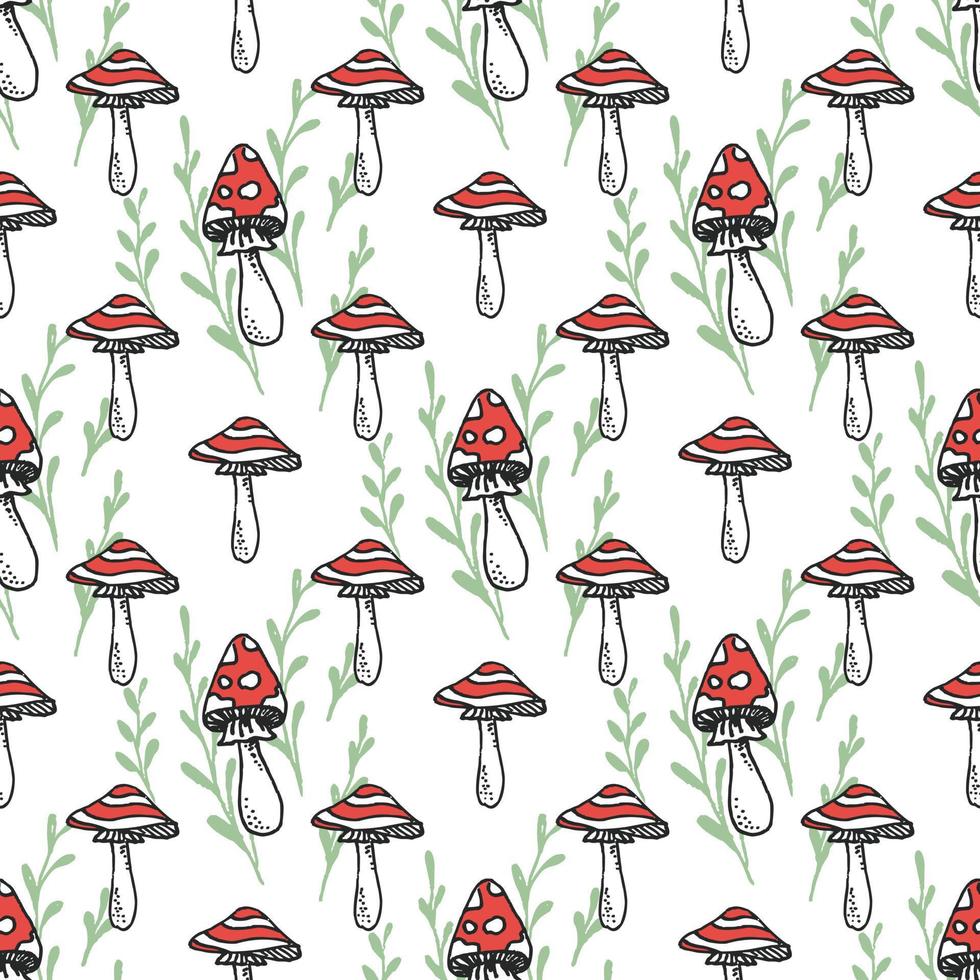 Mushrooms hand drawn black seamless vector pattern. Fly agaric hand drawn line art seamless vector pattern. Amanita muscaria seamless background for printing, fabric, textile