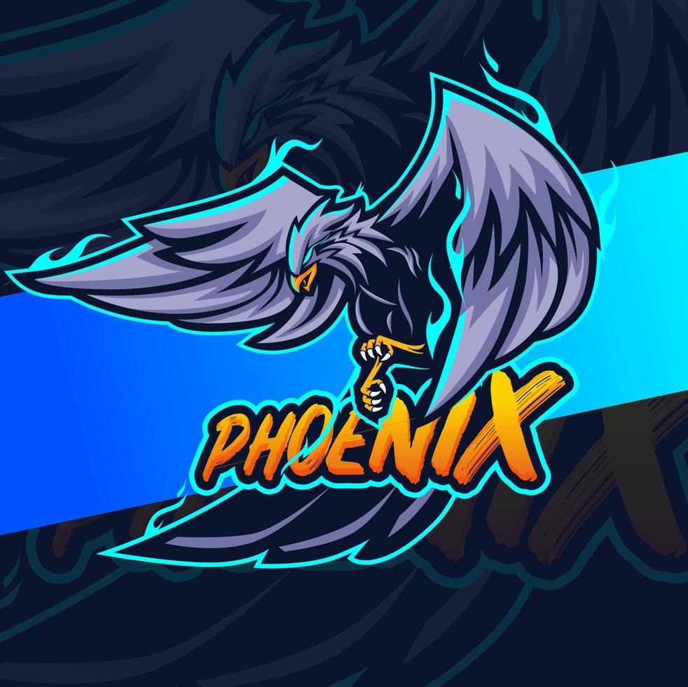 flying phoenix eagle bird with blue fire mascot character esport design for gamer team and sport logo design vector