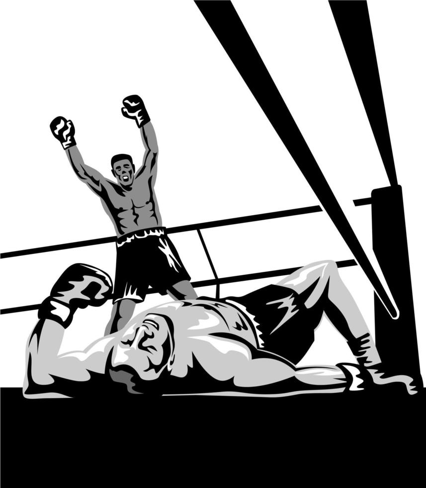 Boxer Celebrating Knockout with Prizefighter on the Canvas Retro Woodcut Style vector