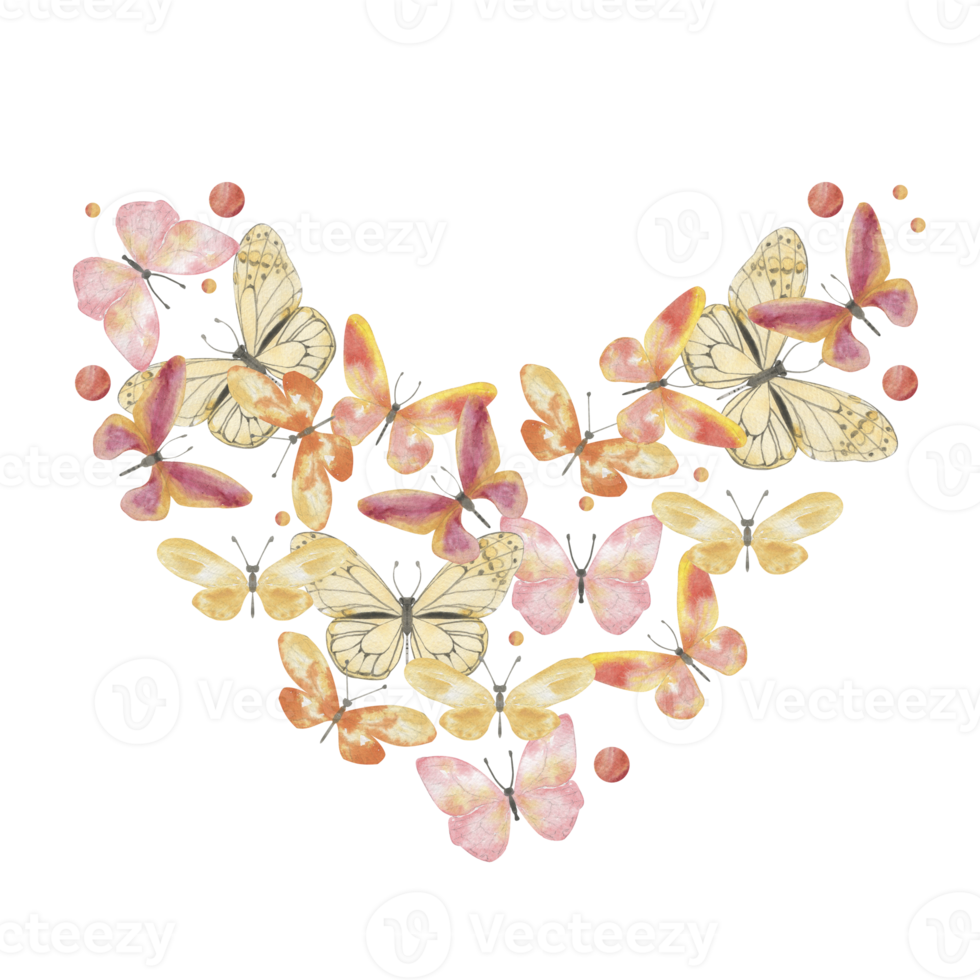 Heart shaped watercolor butterflies in soft pink color png