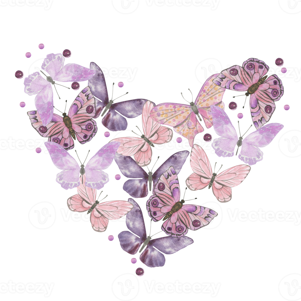 Heart shaped watercolor butterflies purple png