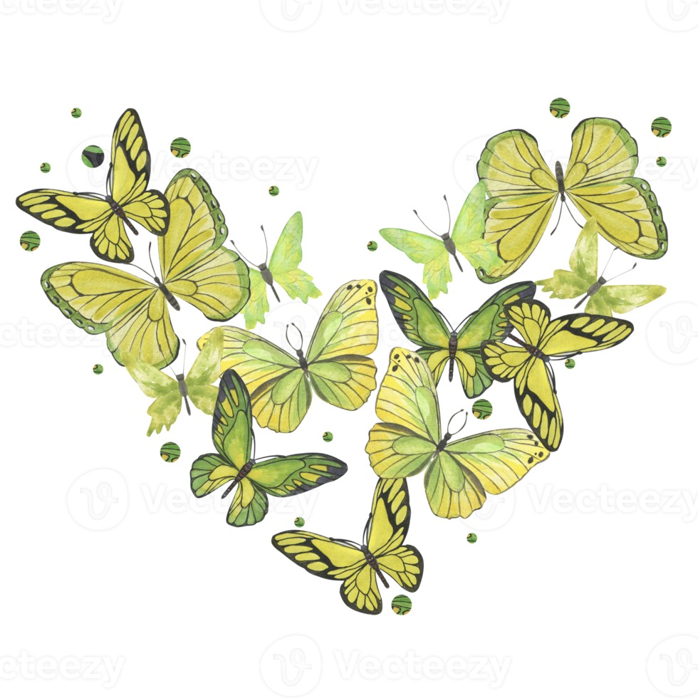 Heart shaped watercolor butterflies in yellow and green png