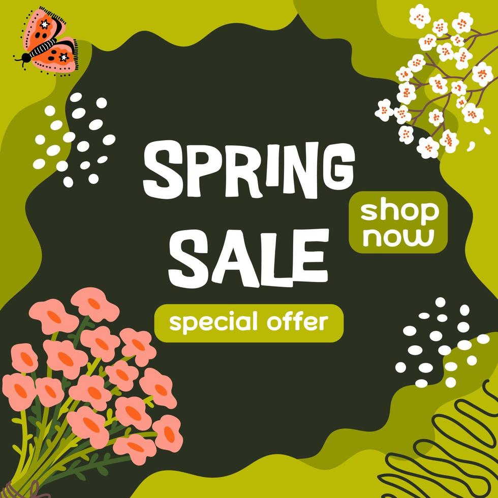 Spring SALE. Vector border. Ideal for advertising and discount in the market. Cherry blossom branches, bouquet of flowers butterfly,  lines, curve and dots.