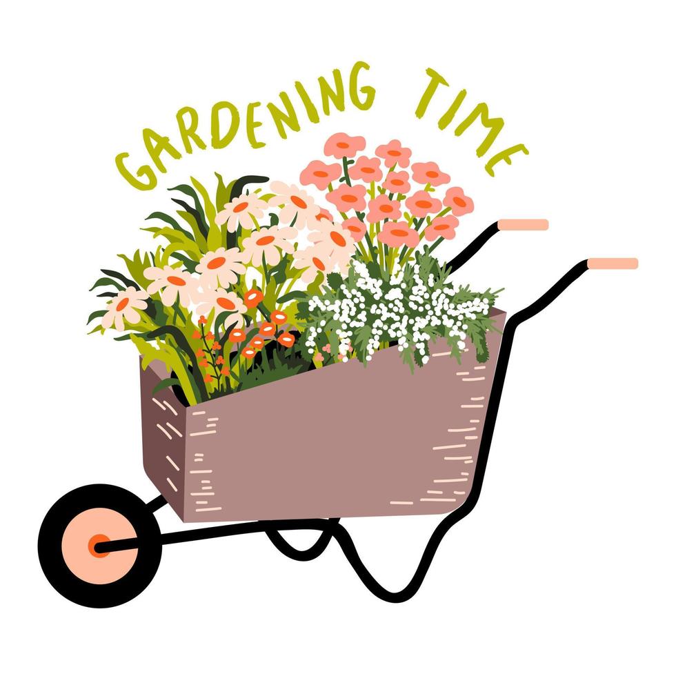 Gardening time. Greeting card.  Wheelbarrow with blooming flowers and herbs. Spring item. Vector illustration