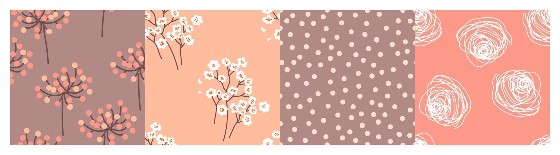 Floral patterns set. Abstract flowers, cherry blossom. Dots pattern. Vector background. Perfect for printing on the fabric, design package and cover