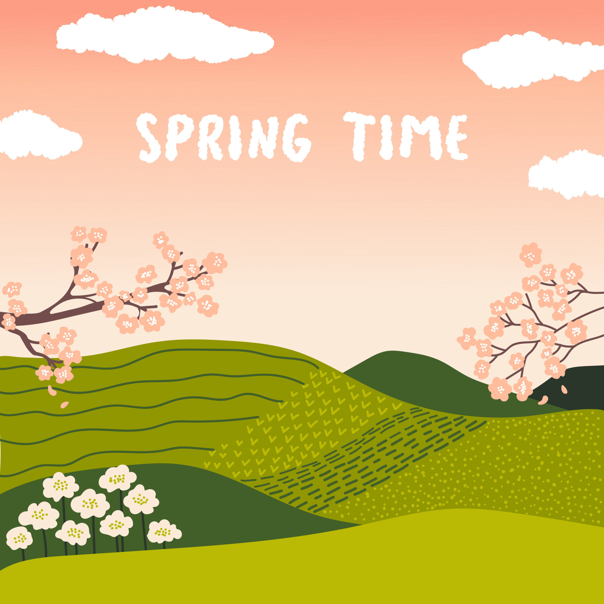 Spring Time. Green hills and meadows, sakura, flowering tree branches ...