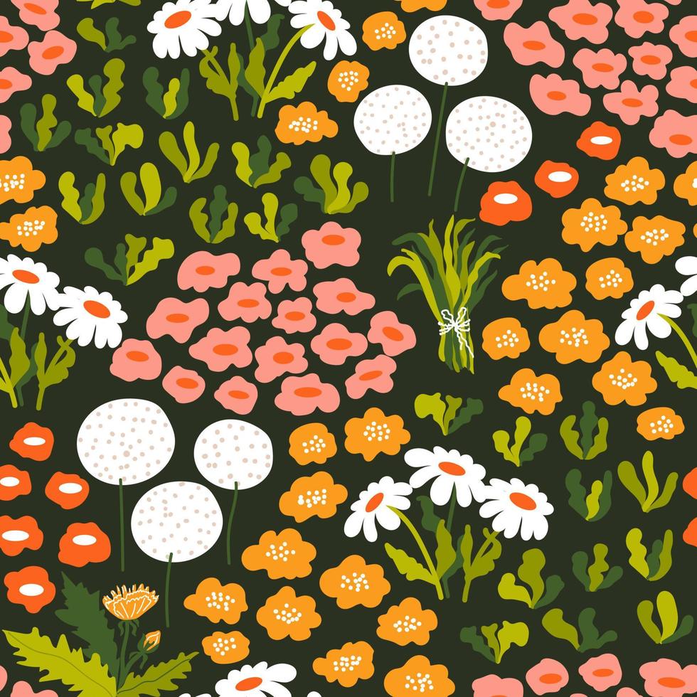 Floral seamless pattern. Abstract flowers, chamomiles, herbs. Blooming time. Vector background. Perfect for printing on the fabric, design package and cover