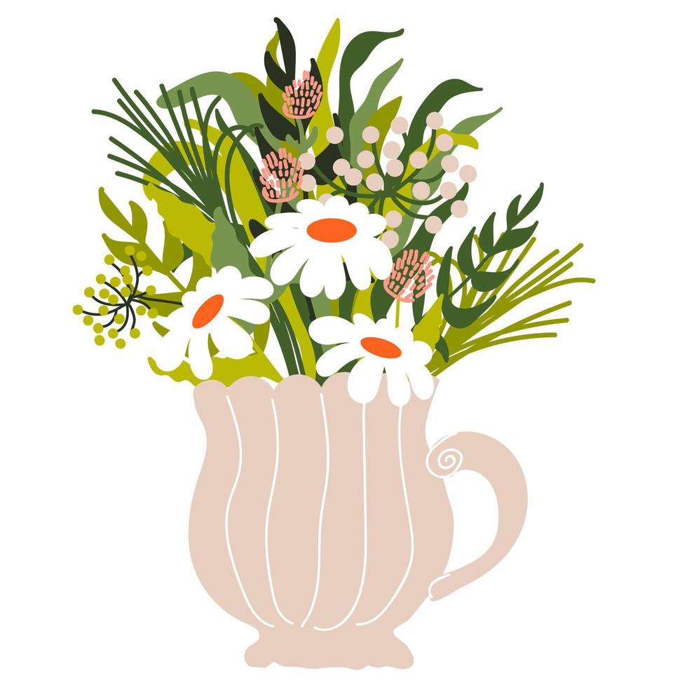 Bouquet with Wildflowers, Camomiles, Clover in Vase. Spring Blossom. Vector illustration