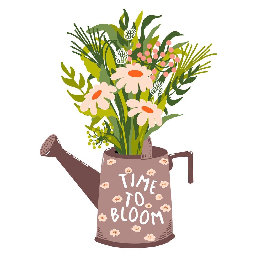 Watering can with blooming flowers and herbs. Text Time to bloom. Greeting card. Spring item. Vector illustration