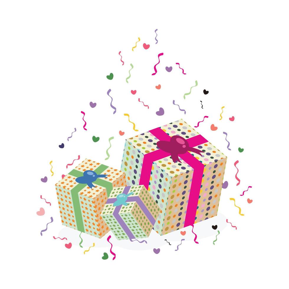 3 vector design of pile of colorful gift boxes with heart and ribbon icon decoration. Surprise party illustration