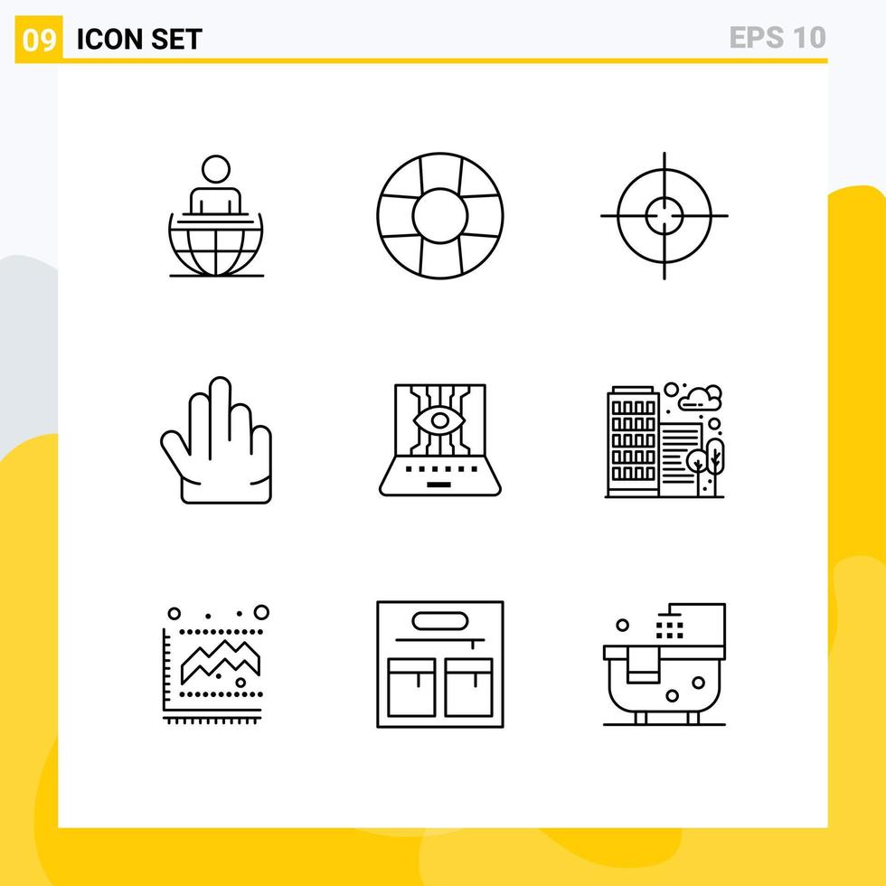 Group of 9 Modern Outlines Set for building technic target engineering applied science Editable Vector Design Elements