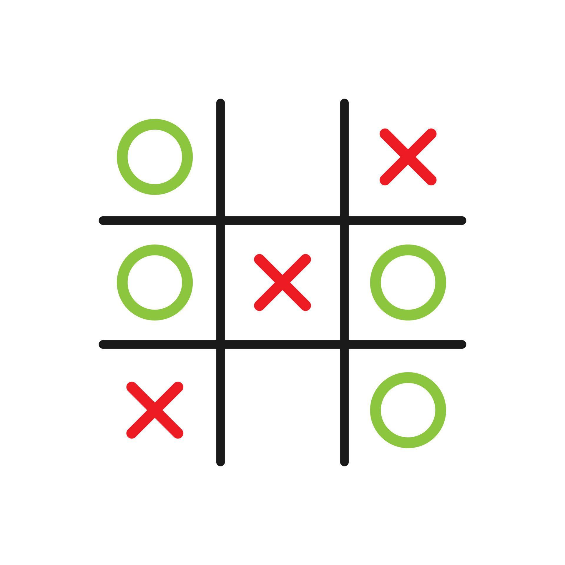 Tic tac toe colored clip art for kids. Tic tac toe game. Red and green