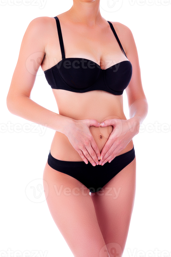 Female health care concept. Woman in black bikini, isolated png