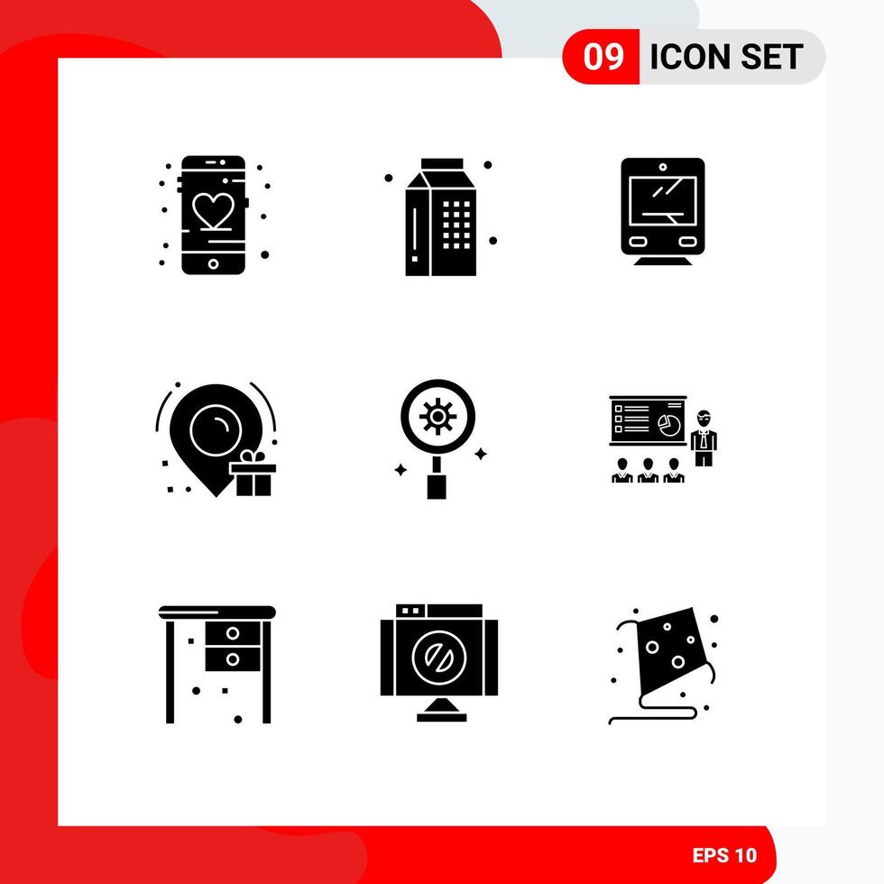 Group of 9 Solid Glyphs Signs and Symbols for research location milk box travel Editable Vector Design Elements