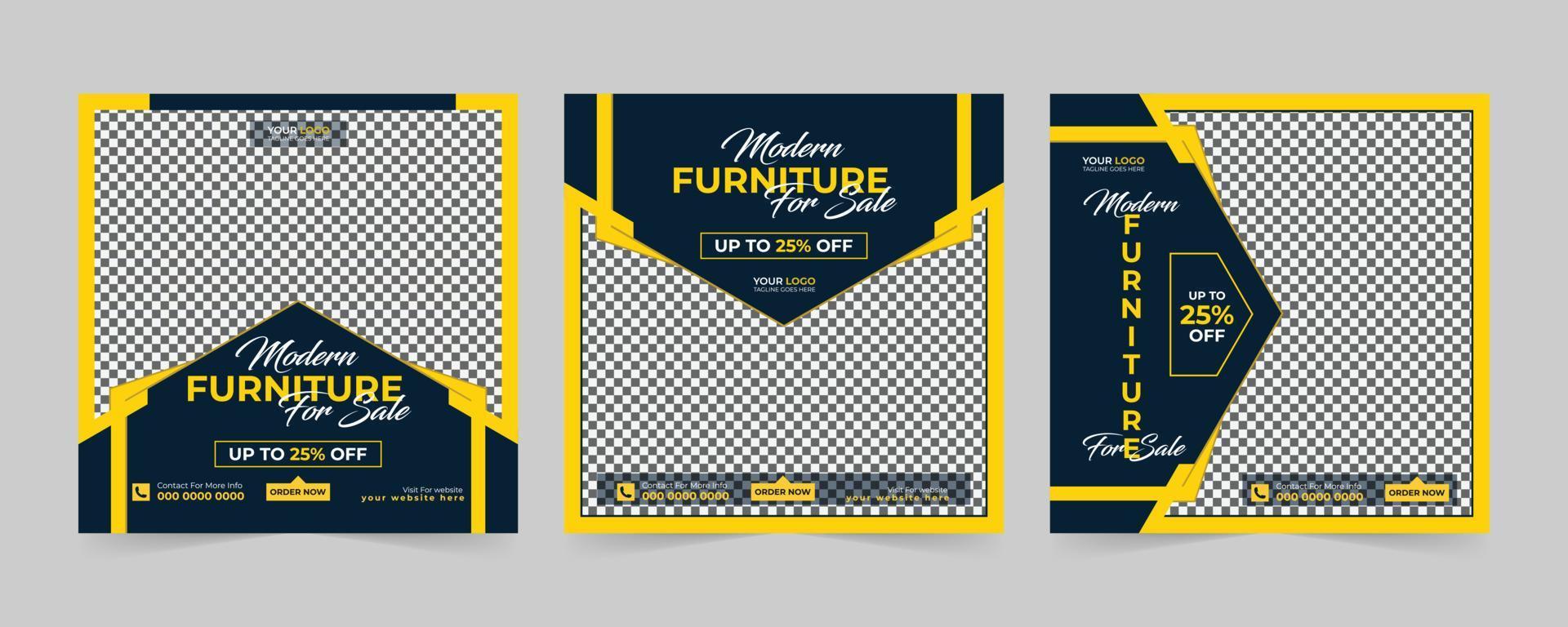 Modern Furniture sale advertising square set and promotion ads discount banner for  Social media post vector template design.