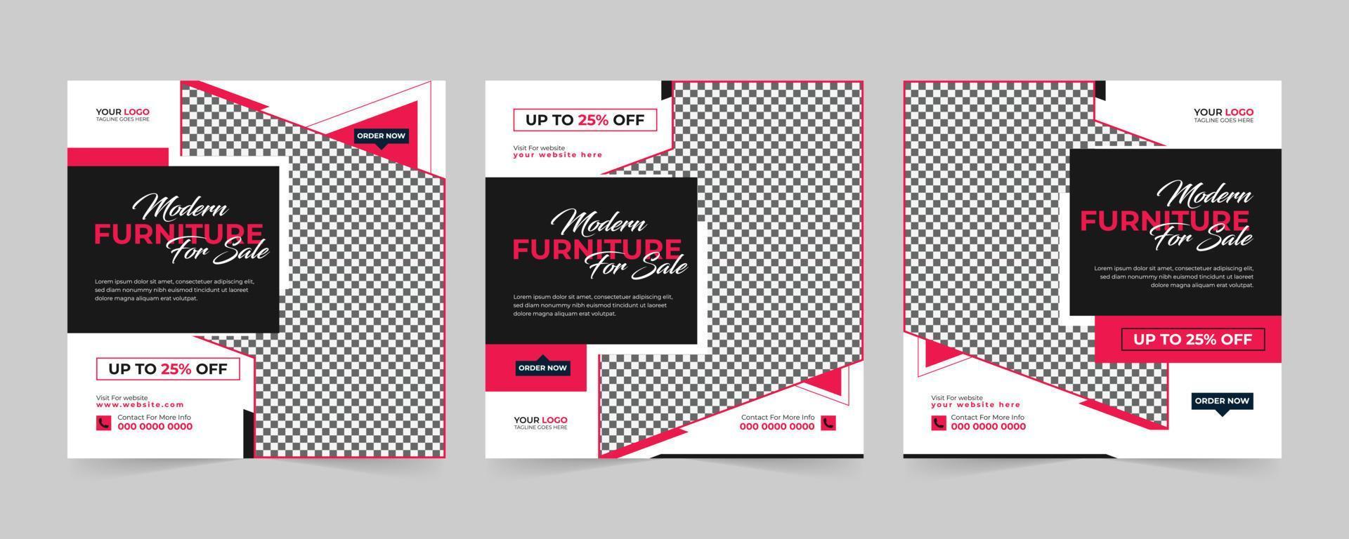 Modern Furniture sale advertising square set and promotion ads discount banner for  Social media post vector template design.