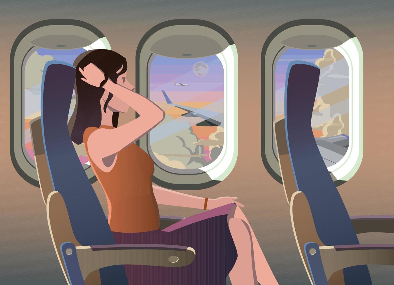 The girl on the plane near the window. Vector. vector