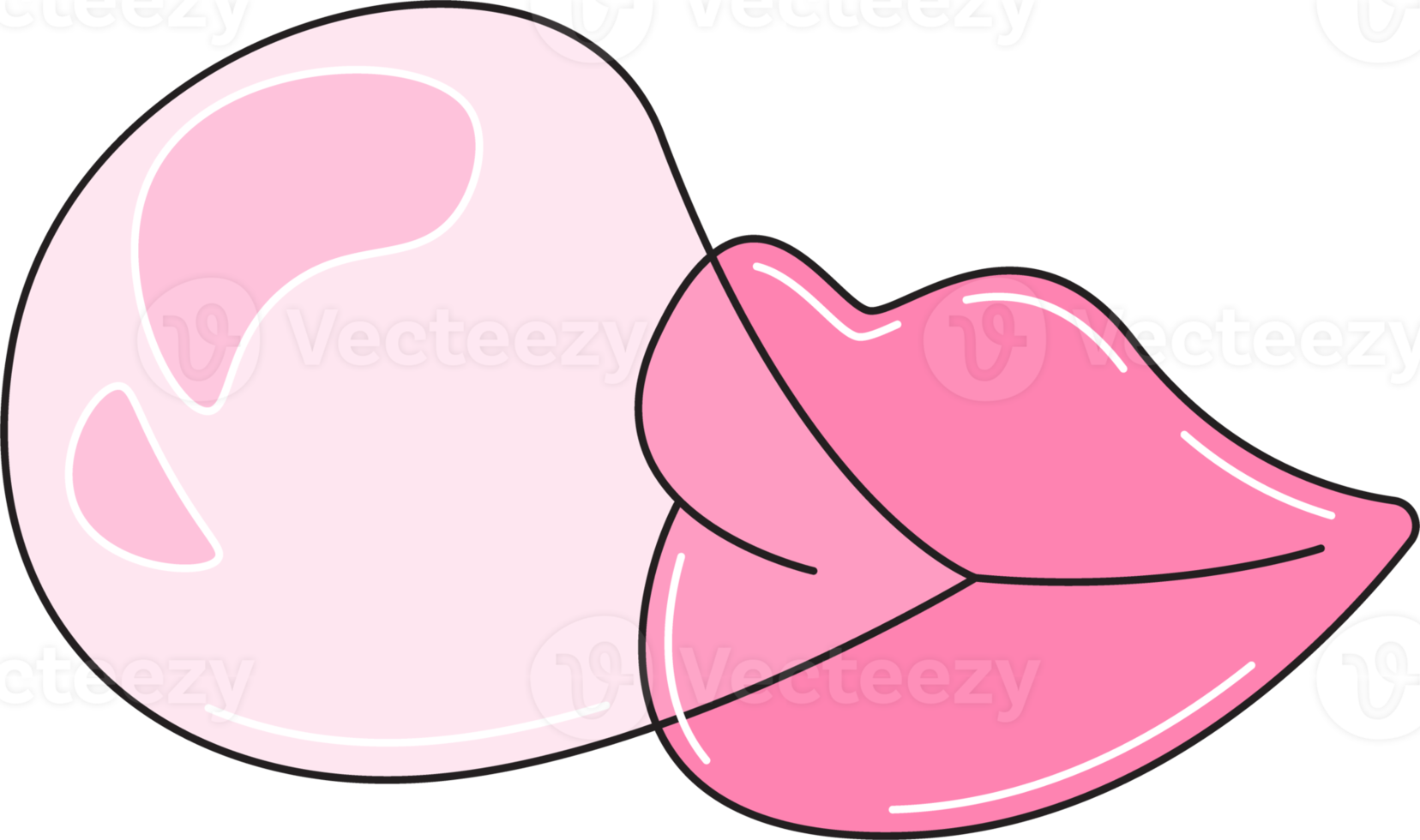 Cute lips blowing pink bubble gum. Colorful sticker isolated on transparent background png