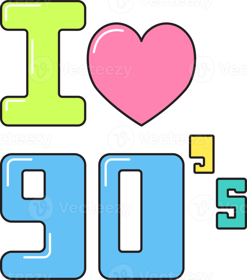 I love 90s text retro style. Colorful sticker isolated on transparent background. png