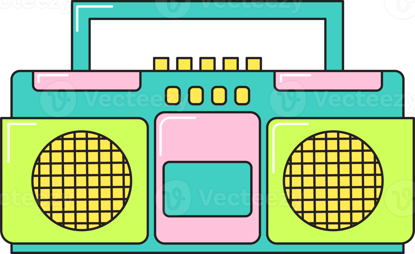 Retro music 90s radio and tape cassette player funky colorful design. Colorful sticker isolated on transparent background. png