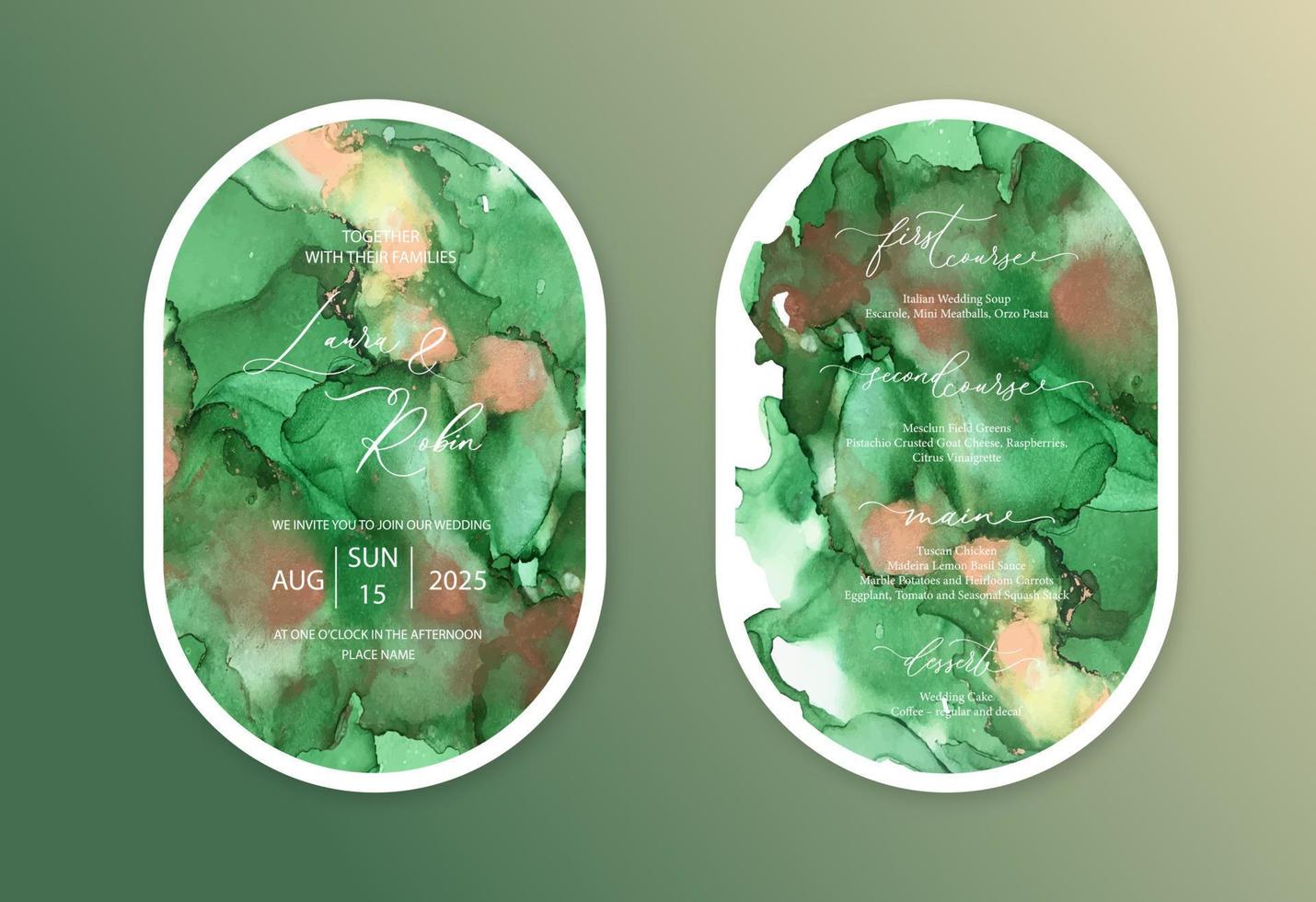 Luxury double arch wedding invitation card background with watercolor waves, marble or fluid art in alcohol ink style with golden glitter. vector