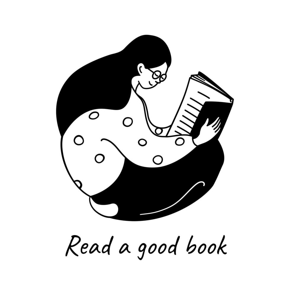 Young woman in glasses reading a book. Black and white line doodle hand drawn style vector illustration. Self education, self care, rest and book lover concept.