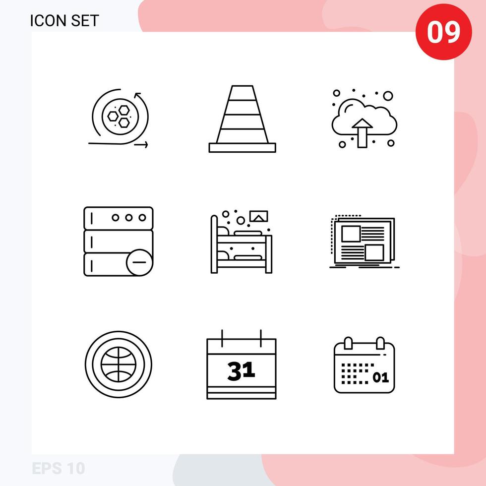 Group of 9 Modern Outlines Set for content hostel data bunk server Editable Vector Design Elements