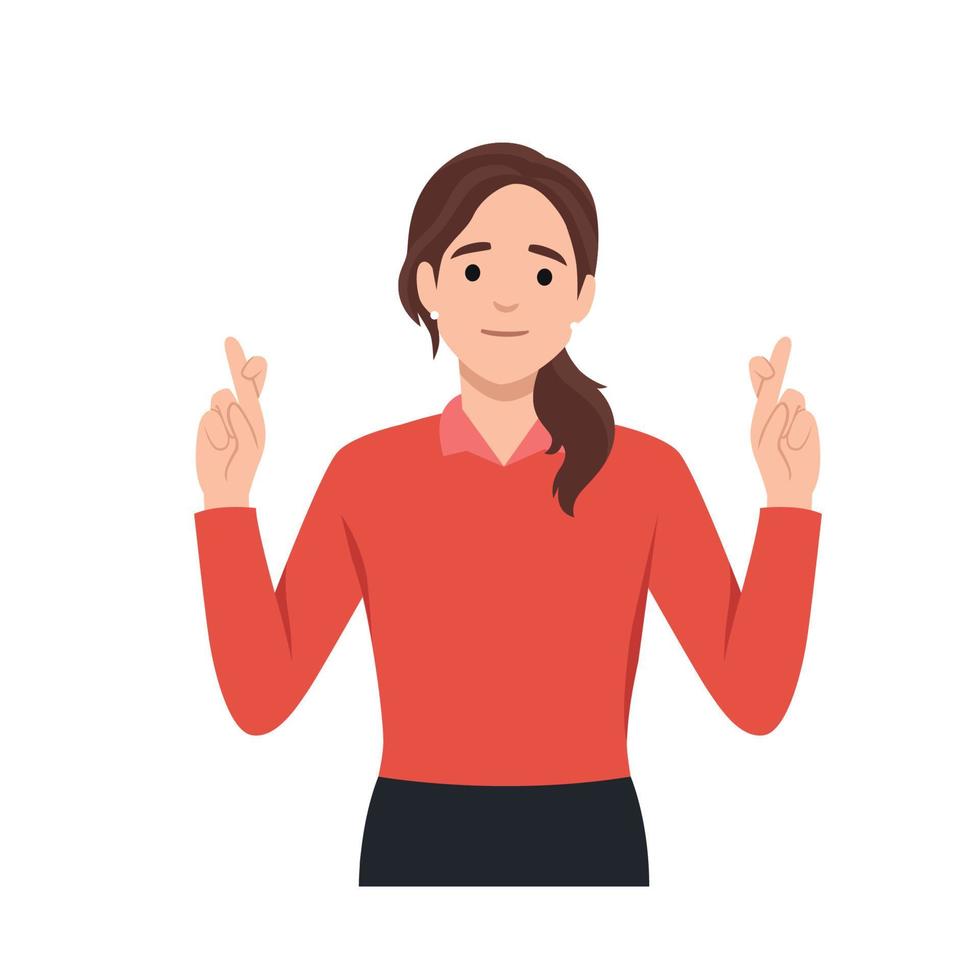 Feeling hope with crossed fingers concept. Young positive woman cartoon character standing with eyes closed holding fingers crossed. Flat vector illustration isolated on white background