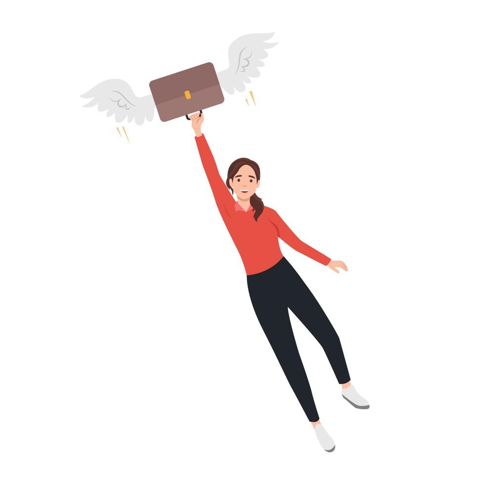 Woman leadership to overcome struggle, female power to break boundary or limitation, freedom and opportunity concept, success businesswoman flying with wings attached on suitcase vector