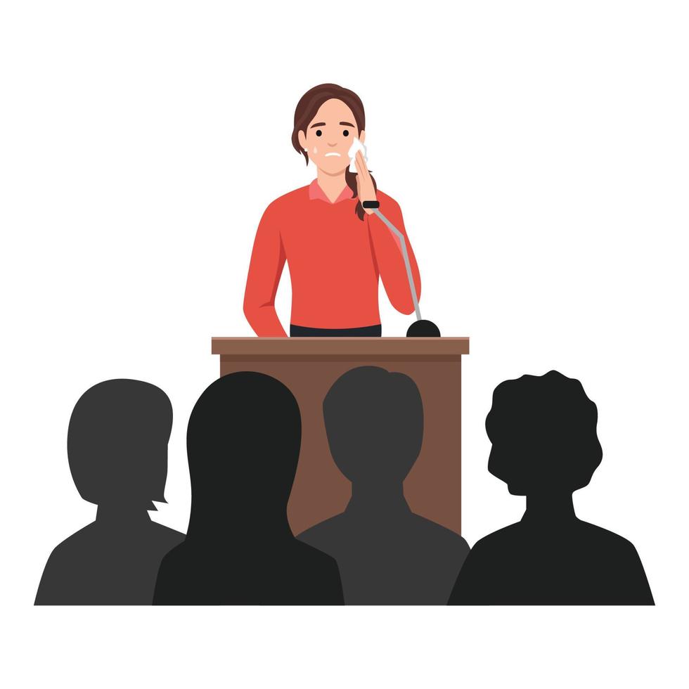 Young woman feeling fear and anxiety before stage speech. Nervous shy speaker with fright of audience. Lecturer sweating at public speaking. Flat vector illustration isolated on white background