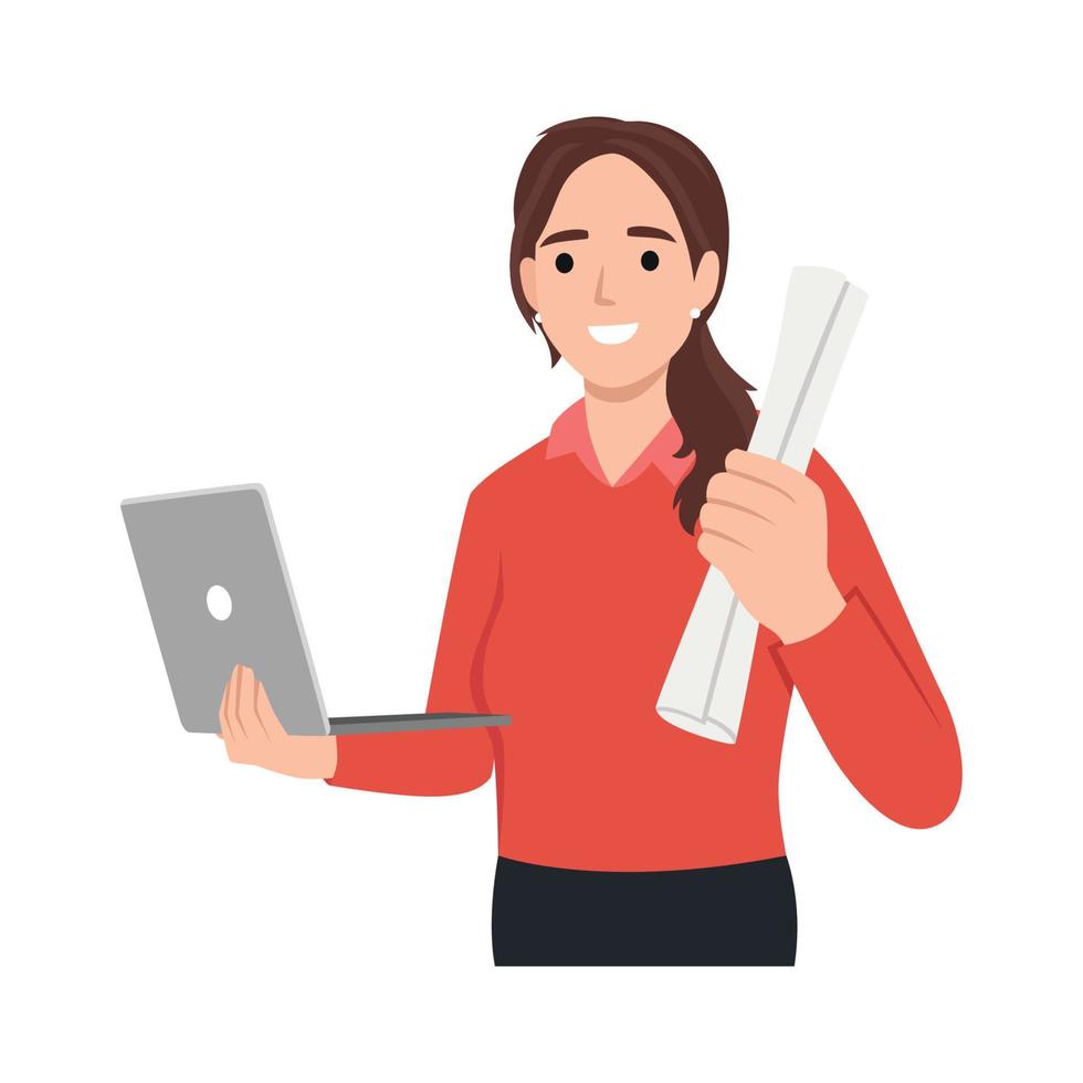 Young woman holding laptop computer and paperwork document on another hand. Flat vector illustration isolated on white background