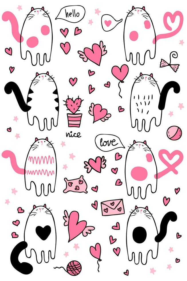 Hand drawn Valentine's  cat collection in simple doodle style. Perfect for tee, stickers, poster. vector