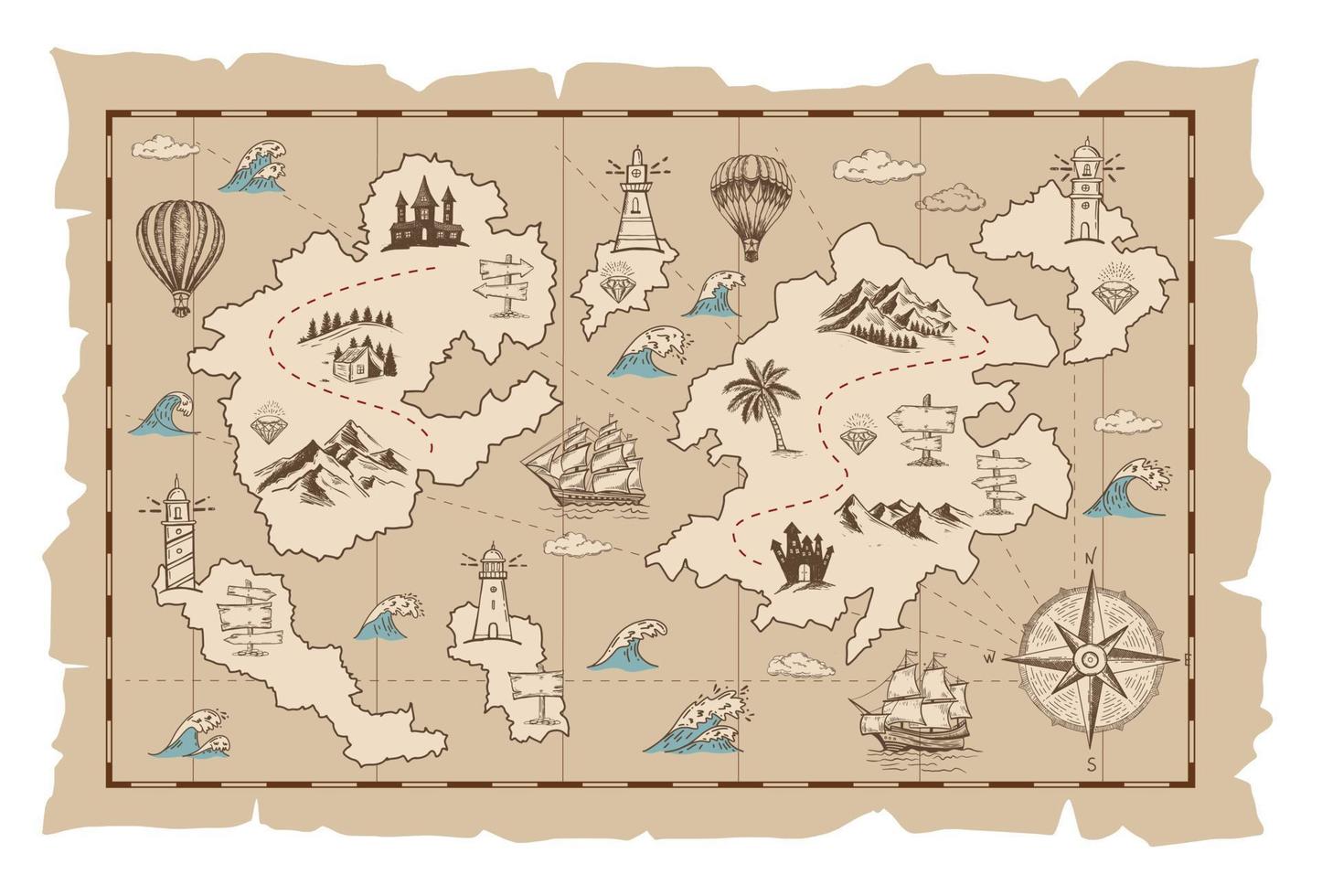 Vector sketch of an old pirate treasure map. Hand-drawn illustrations, vector.